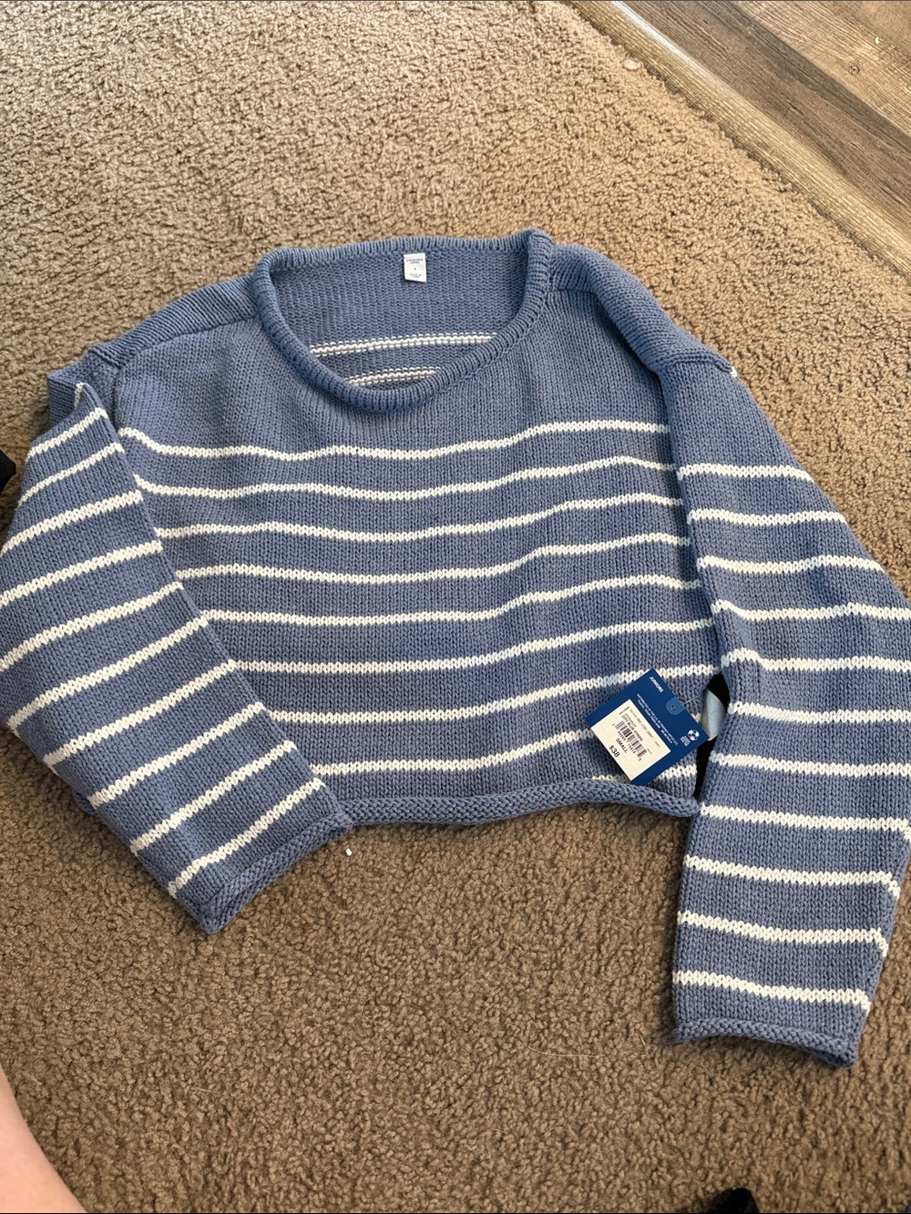 Arizona Jean Company Blue & White Striped Cropped Crew Sweater